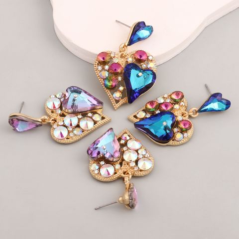1 Pair Lady Heart Shape Inlay Zinc Alloy Artificial Rhinestones Glass Drop Earrings