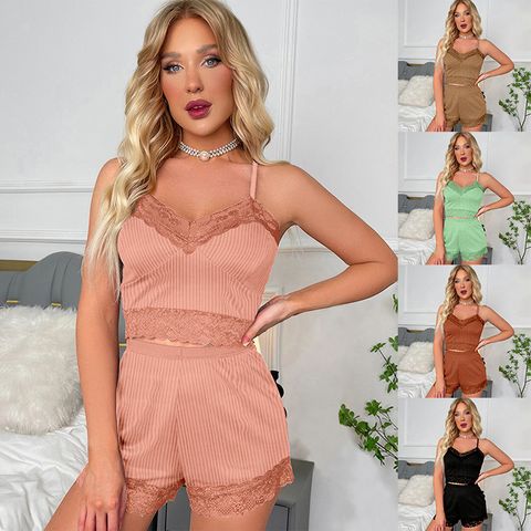 Home Daily Women's Sweet Lace Polyester Shorts Sets Pajama Sets