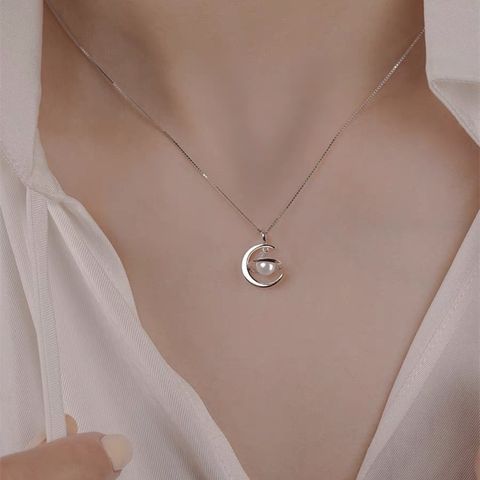 Sterling Silver Simple Style Inlay Solid Color Pearl Pendant Necklace