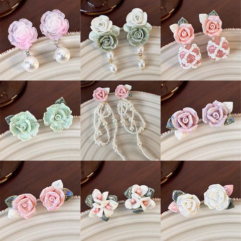 1 Pair Simple Style Classic Style Flower Patchwork Stoving Varnish Resin Drop Earrings