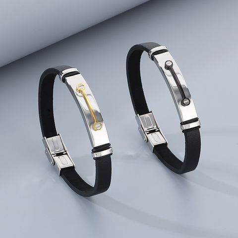 Business Color Block 304 Stainless Steel Leather Plating 18K Gold Plated Men's Bangle