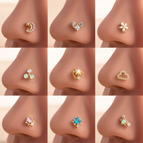 1 Piece Nose Rings & Studs Casual Simple Style Moon Heart Shape Flower 316L Stainless Steel  Copper Inlay Zircon Nose Rings & Studs