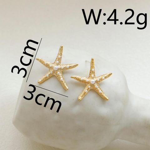1 Pair Hawaiian Vacation Beach Starfish Plating Inlay Copper Imitation Pearl Copper 14K Gold Plated Ear Studs