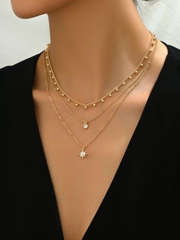 Copper 18K Gold Plated Casual Sweet Korean Style Inlay Eight Awn Star Star Zircon Three Layer Necklace