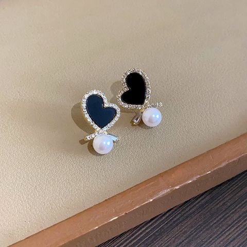 1 Pair Elegant Lady Classic Style Heart Shape Inlay Alloy Imitation Pearl Rhinestones Drop Earrings