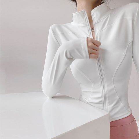 Simple Style Solid Color Spandex Polyester Standing Collar Active Sets Coat