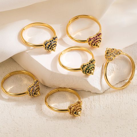Copper 14K Gold Plated IG Style Cute Inlay Bear Zircon Open Rings