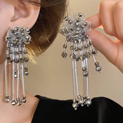 1 Pair IG Style French Style Modern Style Flower Tassel Inlay Alloy Artificial Crystal Drop Earrings