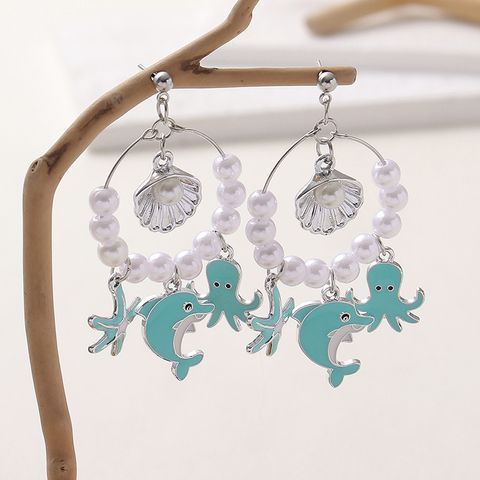 1 Pair Casual Vacation Beach Starfish Dolphin Octopus Beaded Enamel Inlay Synthetic Resin Alloy Artificial Pearls Drop Earrings
