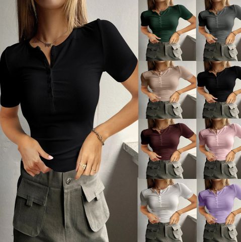 Women's T-shirt Short Sleeve T-Shirts Button Casual Solid Color