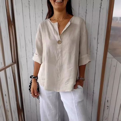 Women's T-shirt 3/4 Length Sleeve Blouses Button Casual Solid Color