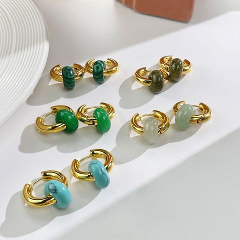 1 Pair Elegant Classical Lady Circle 304 Stainless Steel Artificial Gemstones Agate 18K Gold Plated Drop Earrings
