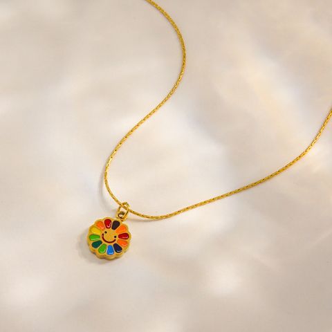 Wholesale Jewelry IG Style Cute Korean Style Smile Flower 304 Stainless Steel 14K Gold Plated Enamel Pendant Necklace