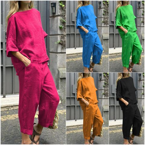 Holiday Daily Women's Casual Solid Color Linen Polyester Pocket Pants Sets Pants Sets
