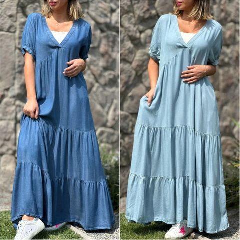 Frau Swing-Kleid Lässig Elegant V-Ausschnitt Tasche Kurzarm Einfarbig Maxi Langes Kleid Ferien Täglich