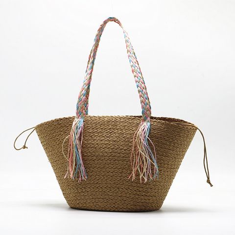 Women's Medium Straw Solid Color Basic Beach Weave Bucket String Straw Bag