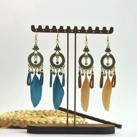1 Pair Ethnic Style Color Block Patchwork Feather Zinc Alloy Drop Earrings