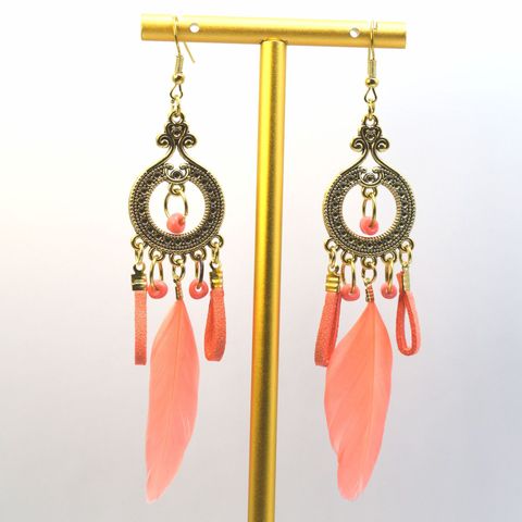 1 Pair Ethnic Style Color Block Patchwork Feather Zinc Alloy Drop Earrings