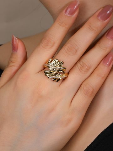 Copper 18K Gold Plated Elegant Glam Luxurious Shiny Metallic Inlay Leaves Zircon Rings