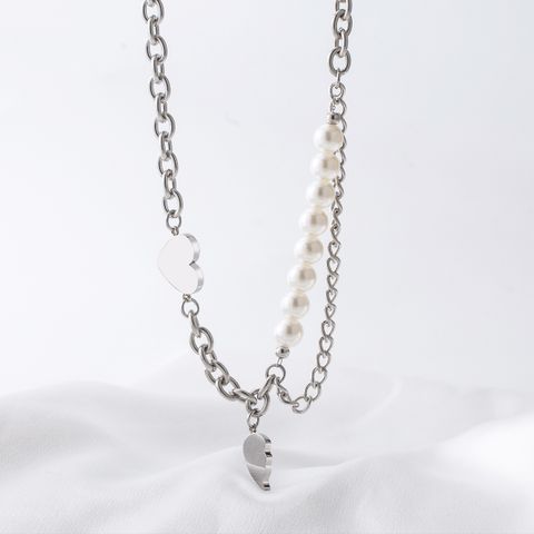 Casual Hip-Hop Heart Shape Wings 304 Stainless Steel Imitation Pearl Wholesale Pendant Necklace