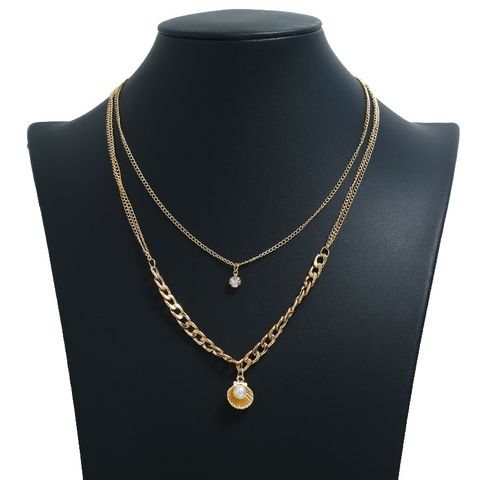 Cute Simple Style Shell Gold Plated Rhinestones Pearl Alloy Wholesale Double Layer Necklaces