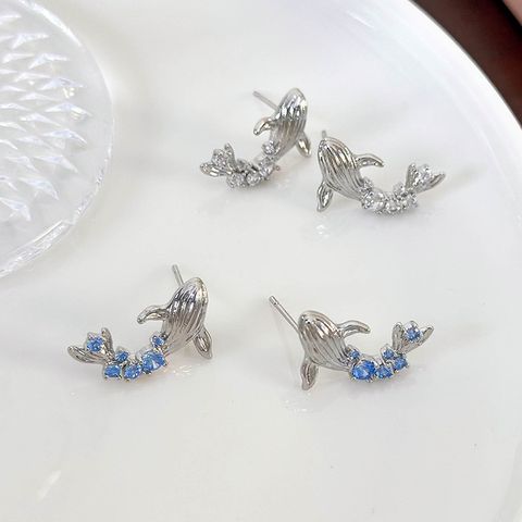 1 Pair Japanese Style Sweet Artistic Fish Inlay Copper Zircon Ear Studs