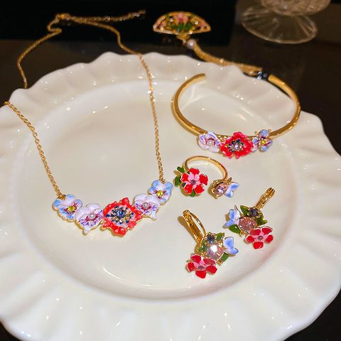Copper 18K Gold Plated Elegant Sweet Inlay Flower Imitation Pearl Rhinestones Jewelry Set
