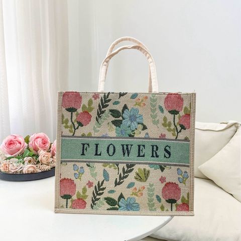 Women's Medium Cotton And Linen Letter Flower Streetwear Magnetic Buckle Tote Bag