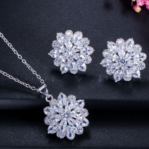 Copper White Gold Plated Elegant Inlay Flower Snowflake Artificial Gemstones Jewelry Set