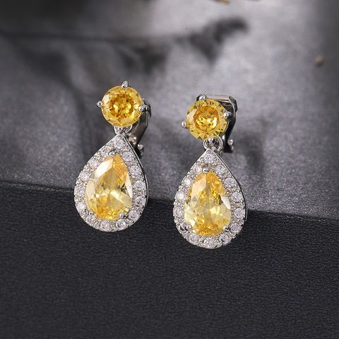 1 Pair Elegant Water Droplets Inlay Copper Crystal Zircon White Gold Plated Drop Earrings