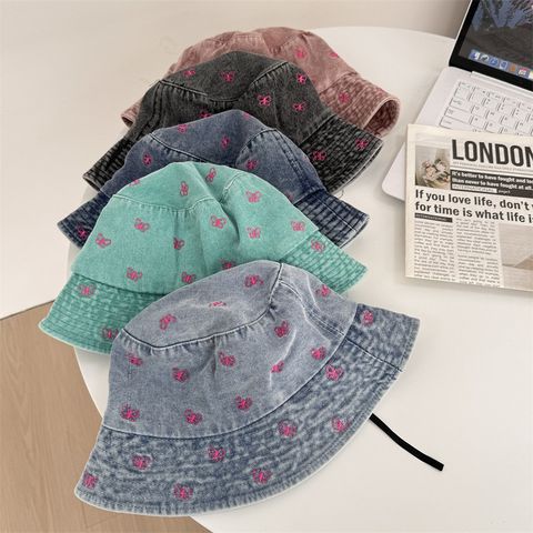 Butterfly Embroidery Jean Fisherman Hat Women's Big Brim Face-Looking Small Fashion Leisure Basin Hat Spring And Summer Sun Protection Sun Hat