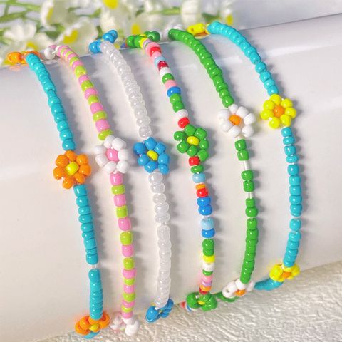 Europe And America Cross Border Hot Sale Beach Vacation Style Design Color Elastic Little Daisy Flower Bead Anklet