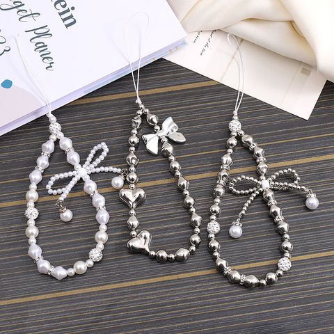 Sweet Simple Style Heart Shape Bow Knot Beaded Beaded Inlay Rhinestones Bag Pendant Mobile Phone Chain Keychain