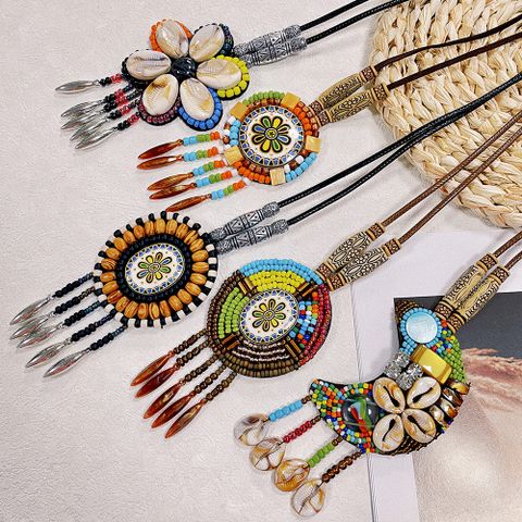 Retro Ethnic Style Bohemian Geometric Flower Acrylic Beads Imitation Leather Seed Bead Wholesale Pendant Necklace