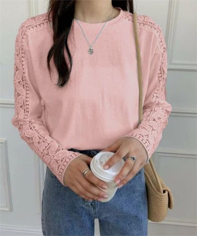 Women's T-shirt Half Sleeve T-Shirts Printing Casual Solid Color Lace