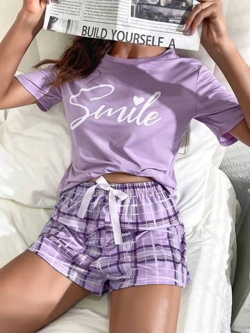 Home Daily Women's Casual Stripe Popcorn Cup Polyester Shorts Sets Pajama Sets