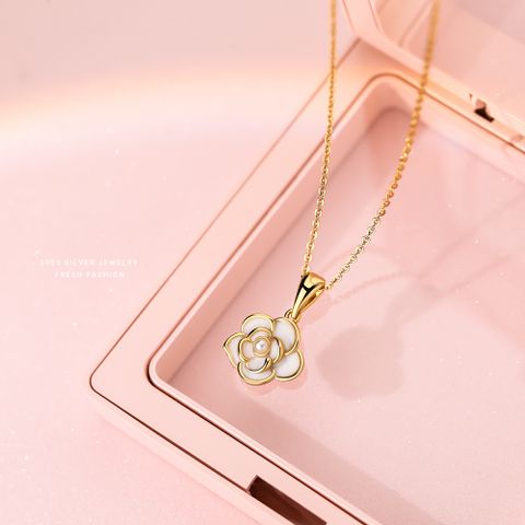 S925 Sterling Silver Camellia Epoxy Necklace Women's Light Luxury All-Matching Elegant Light Luxury Shell Bead Pendant Clavicle Chain Delivery