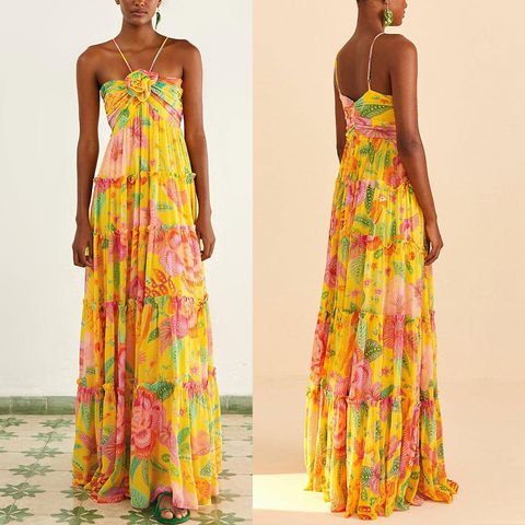 Women's Strap Dress Casual Pastoral Strap Printing Backless Sleeveless Flower Maxi Long Dress Holiday Daily