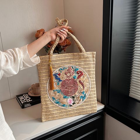 Women's Medium Straw Flower Ethnic Style Weave Open Straw Bag