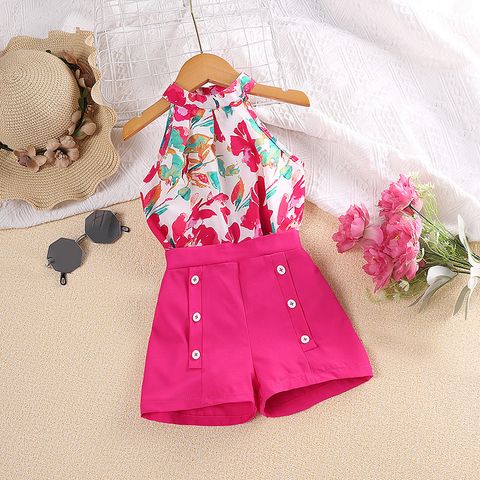 Cute Solid Color Flower Cotton Blend Polyester Girls Clothing Sets