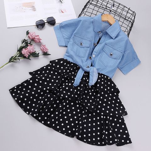 Preppy Style Round Dots Solid Color Cotton Girls Clothing Sets