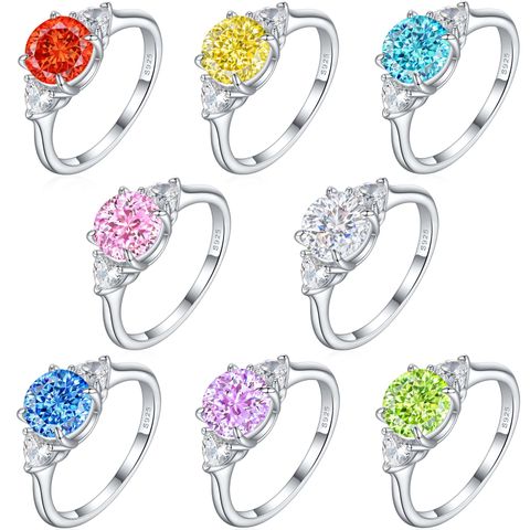 Sterling Silver White Gold Plated Simple Style Shiny Polishing Inlay Round High Carbon Diamond Rings