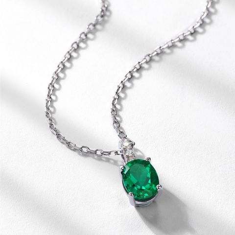Sterling Silver Retro Inlay Solid Color Lab-grown Gemstone Pendant Necklace