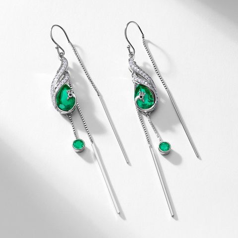 Sterling Silver White Gold Plated IG Style Inlay Water Droplets Lab-grown Gemstone Drop Earrings