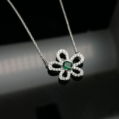 Sterling Silver Elegant Inlay Flower Lab-grown Gemstone Pendant Necklace