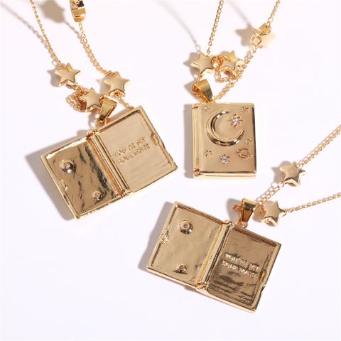 Copper 14K Gold Plated Sweet Simple Style Plating Inlay Star Moon Zircon Pendant Necklace Locket Necklace