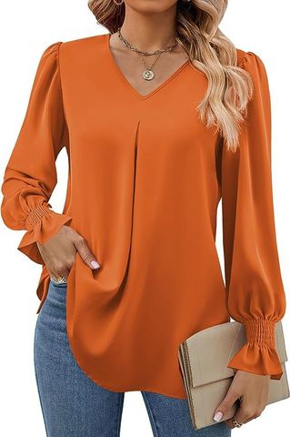 Women's Chiffon Shirt Long Sleeve Blouses Pleated Casual Solid Color
