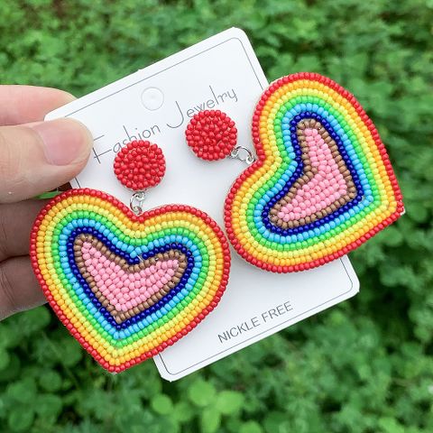 1 Pair Bohemian Classic Style Rainbow Heart Shape Beaded Seed Bead Drop Earrings