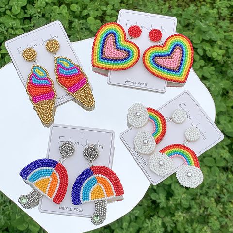1 Pair Bohemian Classic Style Rainbow Heart Shape Beaded Seed Bead Drop Earrings