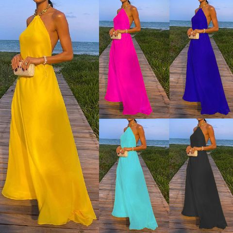 Women's Swing Dress Casual Elegant Halter Neck Sleeveless Solid Color Maxi Long Dress Banquet Cocktail Party